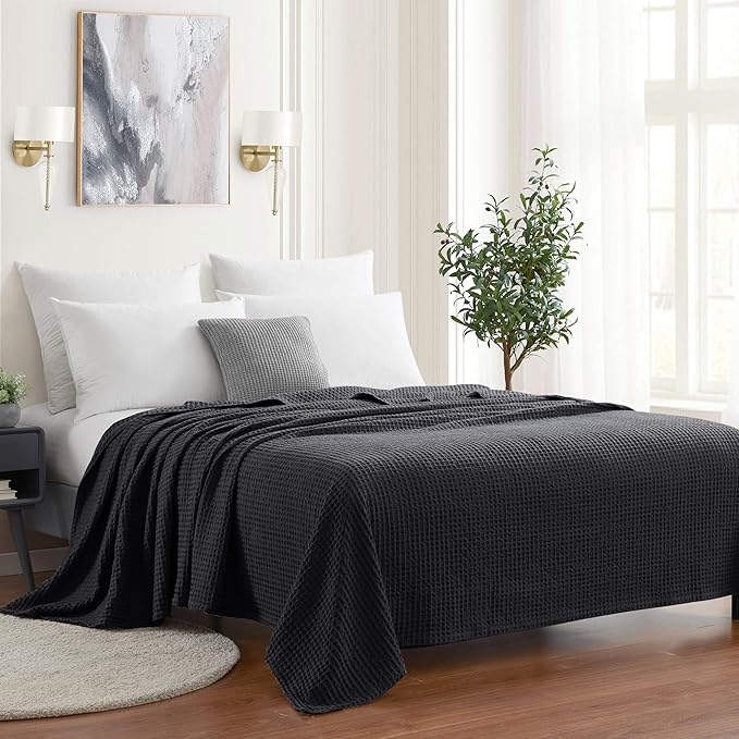 Sweet Home Collection 100% Fine Cotton Blanket Luxurious Weave Stylish Design Soft and Comfortable All Season Warmth, Full/Queen, Waffle Weave Black (Pack of 6)