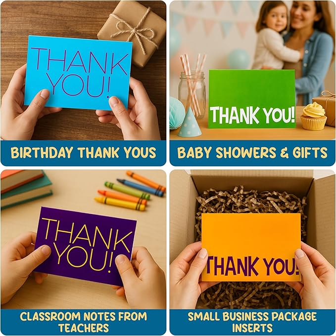 50 Pack Thank You Cards with Envelopes and Stickers, 4 x 6 Inch Blank Kids Thank You Notes | Appreciation Cards, Bulk Boxed Set for Students from Teachers, Birthdays, Small Business