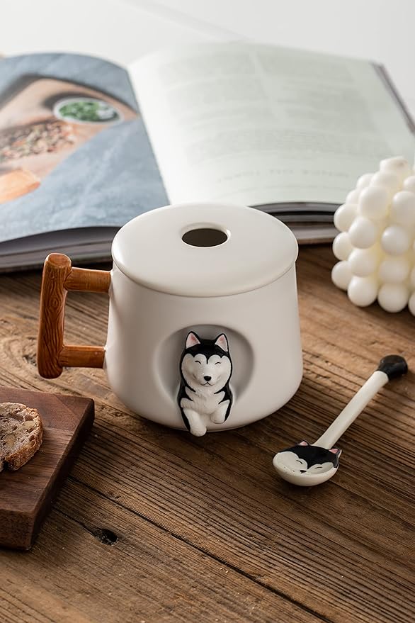 DIHOclub Ceramic Coffee Mug with Lid and Matching Spoon,Novelty 3D Husky Pattern Mug for Tea Milk,Cute Cup for Dog Lovers,14 Ounces (white)
