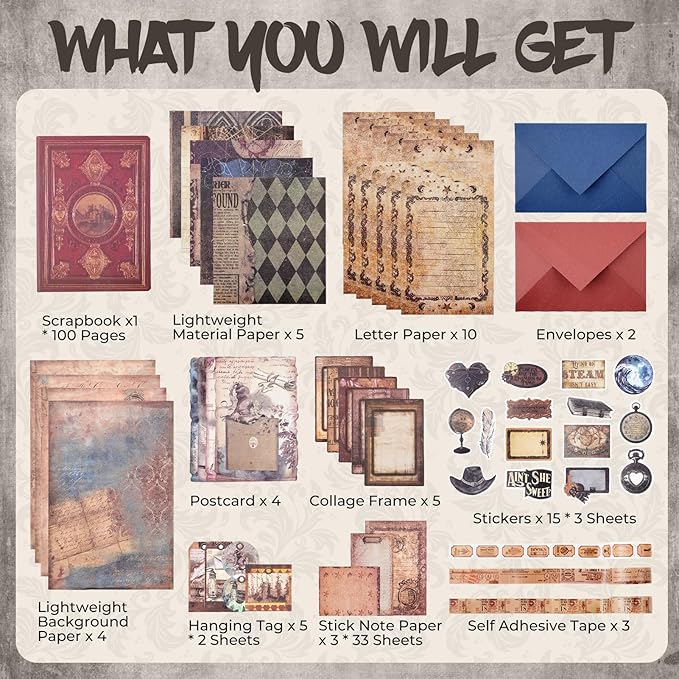 Funto Scrapbooking Kit (185 PCS), Medieval Chapter- Magic Books, Perfect for Bullet Scrapbooking Materials, Planner DIY Craft Collage