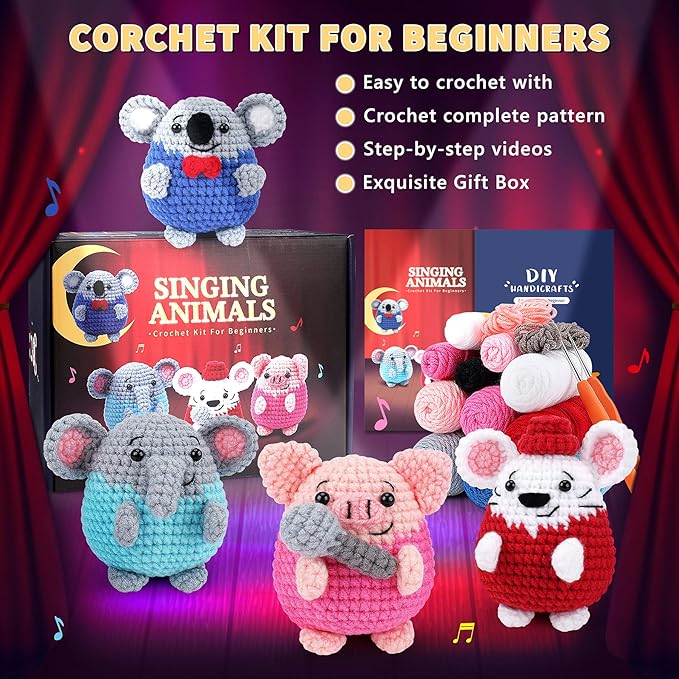 Fortuning's JDS Crochet Kit for Beginners - 4 PCS Crochet Starter Kit with Step-by-Step Video Tutorials, for Adults - Elephant Mouse Pig Koala Microphone Crocheting Set
