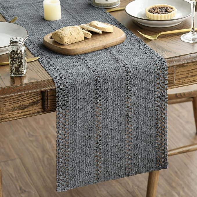 Artoid Mode Dark Grey Farmhouse Woven Rustic Hollow Table Runner, Seasonal Holiday Hollow Kitchen Dining Table Decoration for Home Party Decor 12x90 Inch