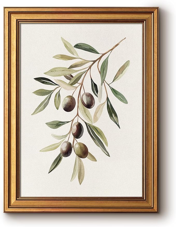 Bzstyleart Vintage Wall Art Decor for Bedroom,Watercolor Olive Branch Botanical Wall Art,Gold Framed Artwork,Vintage Botanical Prints,Room Decor Aesthetic for Kitchen,12 x 16 Inch