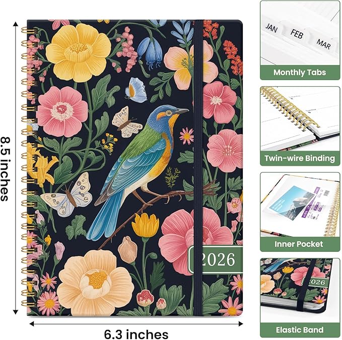 2026 Planner, Weekly and Monthly Calendar Planner for Women, Jan 2026 - Dec 2026, Hardcover Planning Agenda book with Tabs, Spiral Bound, Inner Pocket, Perfect for School Office Supplies, 6.3" x 8.5" - Garden Bird