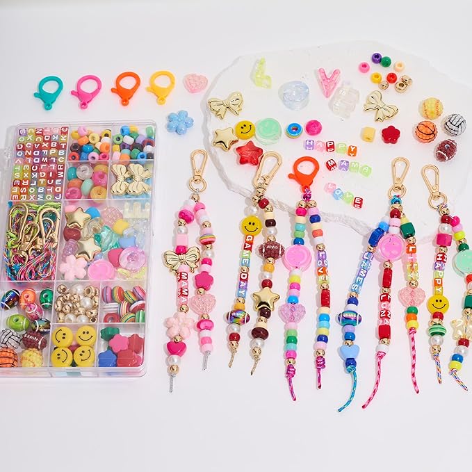 MYCUTEY DIY Keychain Making Kit-Beaded Keychain＆Bag Charm Craft Supplies with Keyrings,Cords and Colorful Football,Letter,Star,Heart,Pony Beads for Kids,Personalized Name A-Z Jewelry Making Kit Gifts