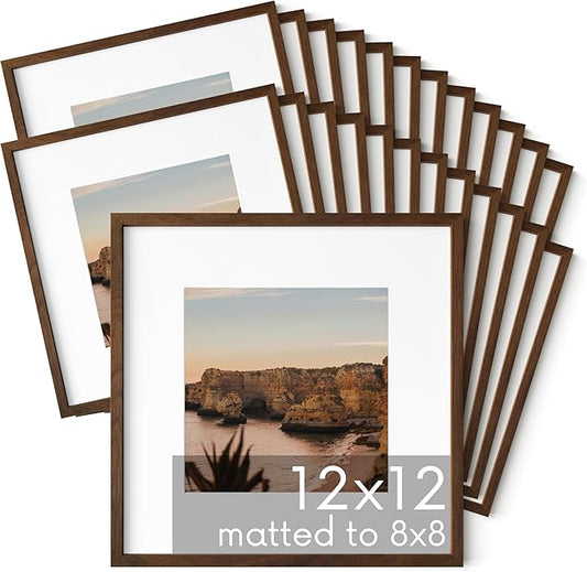 HAUS AND HUES Walnut Oak Wood 12x12 Picture Frames - Set of 25, Square Frames with Mat, Premium Frames for Gallery Wall Displays (12x12 in, Walnut, Set of 25)