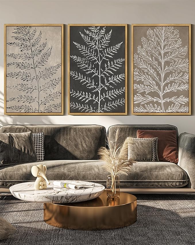 KUVIOKE Vintage Botanical Framed Wall Art Bohemian Tan Plant Leaf Wall Decor Nature Fern Plant Silhouette Wall Painting Home Decor 16x24in (Natural Framed)