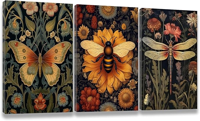 3 PCS William Morris Canvas Wall Art for Home Decor Bee Dragonfly Butterfly Painting Poster William Morris Botanical Insects Pictures Prints Wall Decor for Living Room Bedroom Home Decorations 16×24 in(Stretched Canvas on A Wooden Frame)