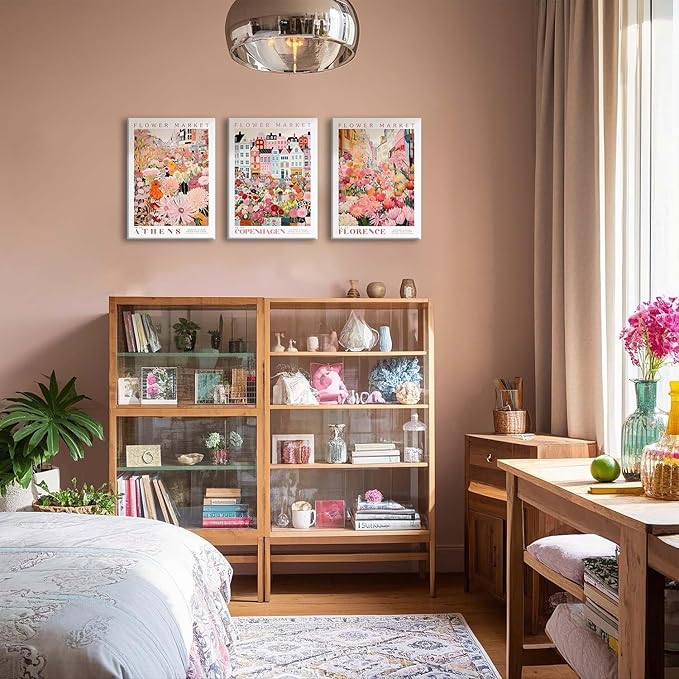 XLARTMY Flower Market Wall Art Print Canvas Framed Pink Floral Paintings Colorful Botanical Sunflower Artwork Travel Poster for Decor Picture 3 pieces for Living Room Bedroom Bathroom 12x16in