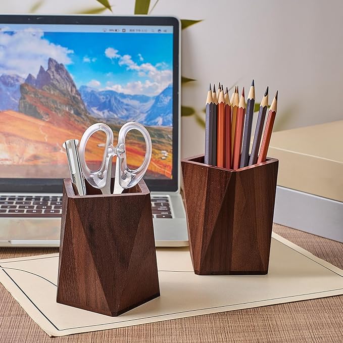 Henoyso 2 Pcs Wood Pen Pencil Holder Geometric Pencil Cup Stand Makeup Organizer for Pen Holder Desk Home Office Adults(Black Walnut)