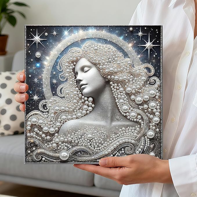 DIY Pearl Painting Kit with Wooden Frame, 3D Plastic Pearl Gemstone Ocean Art Craft for Adults Beginners, Diamond Art Kits for Adults, Home Wall Decor Ready Gift for Women(Celestial Goddess)(30*30cm)