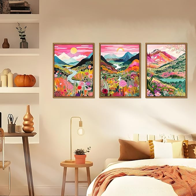 Floating Framed Large Boho Colorful Mountain Wall Art Set of 3, Abstract Watercolor Landscape Flower Wall Decor Paintings, Modern Nature Sunset Forest Posters Prints for Living Room 16x24 Inch