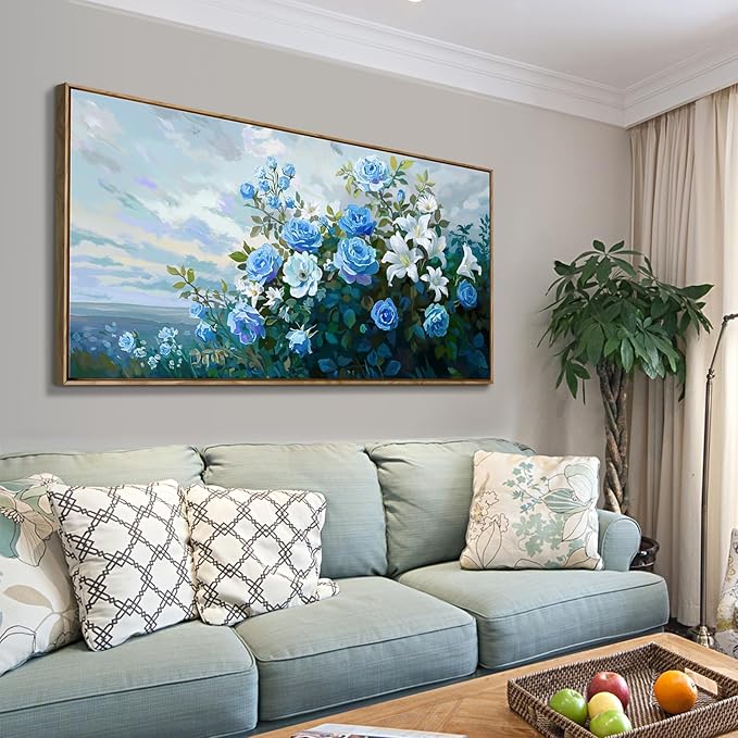 Framed Floral Wall Art for Bedroom Living Room – Blue and White Flowers Canvas Painting with Rustic Wood Frame – Botanical Artwork for Farmhouse & Cottage Décor 48x24 Inch