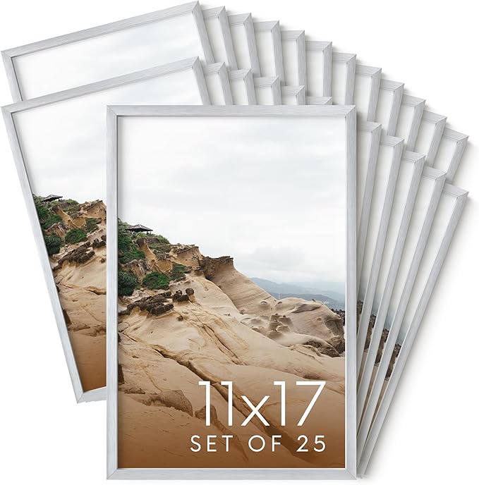HAUS AND HUES 11x17 Silver Metal Picture Frames - Features Premium Aluminum, Vertical & Horizontal Hang, Shatterproof Plexiglass - Ideal for Home, Room, Office (11x17 in, Silver, Set of 25)
