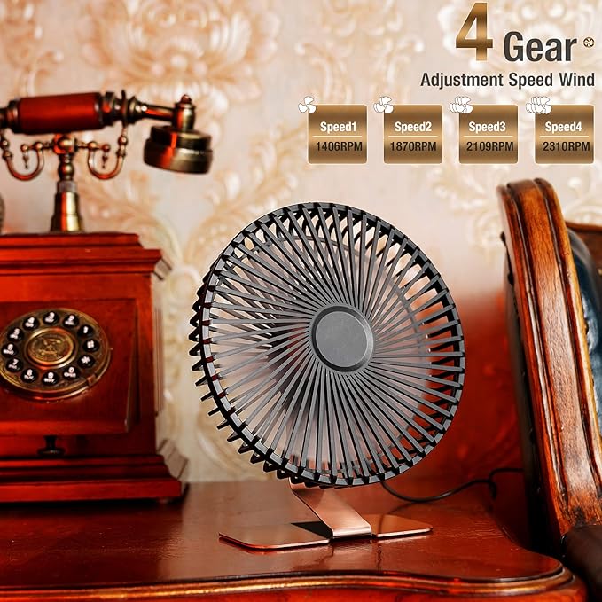 SLENPET 6 inch USB Desk Fan, 4 Speeds, Ultra-quiet, 90° Adjustment for Better Cooling, Portable Mini Powerful Desktop Table Fan, Small Personal Fan for Home Office, Metal Base, Bronze