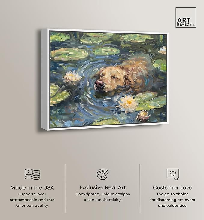 Art Remedy Monet Water Lilies Dog Rustic Chic Farmhouse Canvas Wall Art, White Floater Frame, 36"x30"