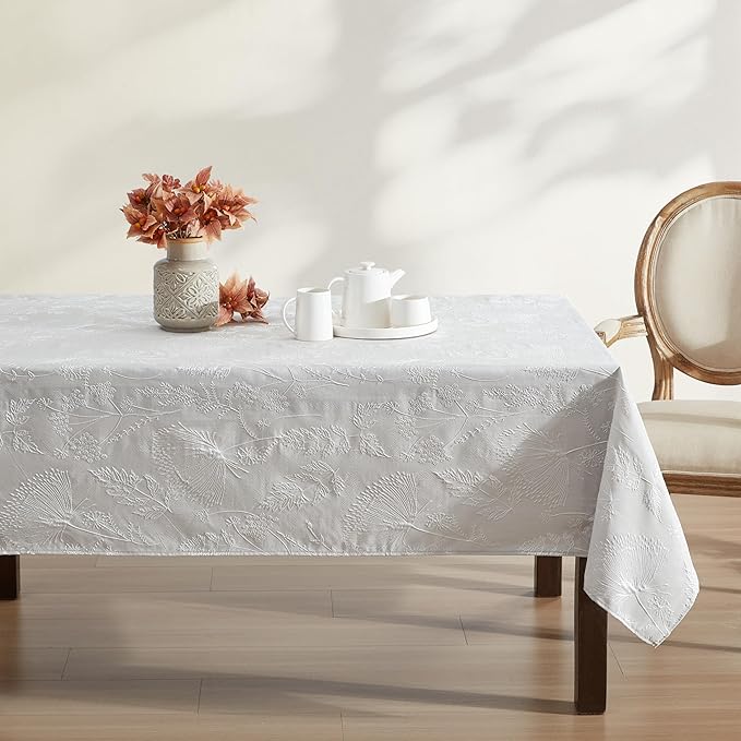 Laura Ashley Tablecloth Raised Woven Embroidered Jacquard Fabric, Wrinkle Resistant for Dining, Holiday, Party, Wedding or Banquet, 60" x 84", Cynthia Beige