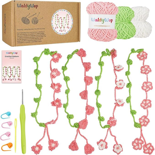 WaldyWop Crochet Kit for Beginners: 4 Flower Bracelets Knitting Kits for Adults Women w/Easy Yarn & Step-by-Step Video Tutorials - Wobbles Crochet Starter Kit for Teens, Birthday Gift for Mom