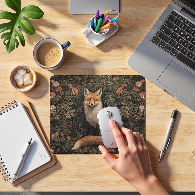 Vintage Moody Floral Fox Mouse Pad, Fox Lover Gifts, Dark Cottagecore Botanical Forest Animal Mouse Pads Mousepad for Home Office Dorm Computers Laptop Supplies Desk Accessories, 9.5x7.9 Inch