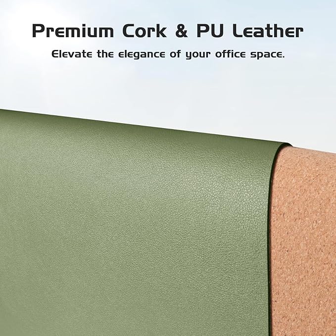 Aothia Dual-Sided Desk Mat - Natural Cork & Leather Desk Protector, Large Mouse Pad & Writing Pad for Office/Home, Olive Green (35.4" x 15.7")
