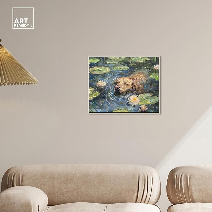 Art Remedy Monet Water Lilies Dog Rustic Chic Farmhouse Canvas Wall Art, Silver Floater Frame, 20"x16"
