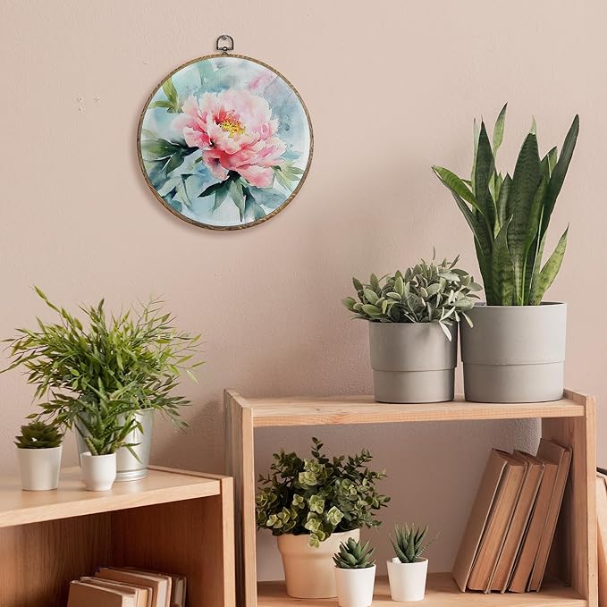 FUGWN Vintage Pink Watercolor Peony Round Wall Art Decor Framed, Floral Canvas Artwork Prints, Watercolor Flower Botanical Wall Hanging Decorations for Home Bedroom Living Room, 10x10 Inch