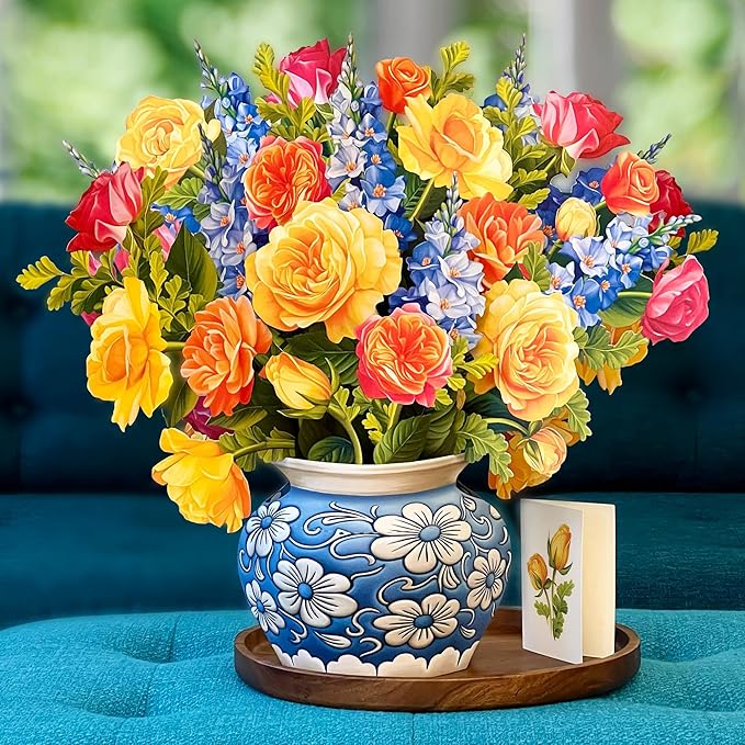Freshcut Paper Pop Up Cards, Grande Sorbet Roses, 18 Inch Life Sized Forever Flower Bouquet 3D Popup Greeting Card, Birthday Cards, Thank You Card, Blank Notecard & Envelope