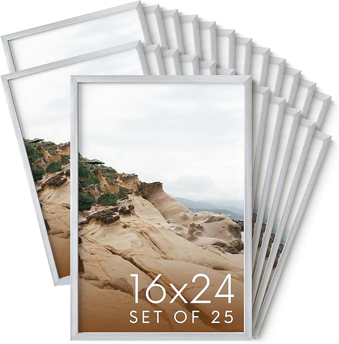 HAUS AND HUES 16x24 Silver Metal Picture Frames - Features Premium Aluminum, Vertical & Horizontal Hang, Shatterproof Plexiglass - Perfect for Home, Room, Office (16x24 in, Silver, Set of 25)