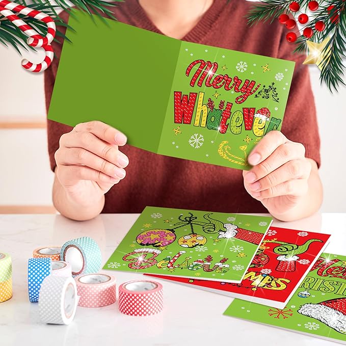 Saillong 12 Pack Christmas Diamond Painting Greeting Card Kits DIY Lime Green Christmas Diamond Art Cards with Envelopes Xmas 5D Rhinestones Painting for Adults DIY Craft Family Friend Xmas Gifts