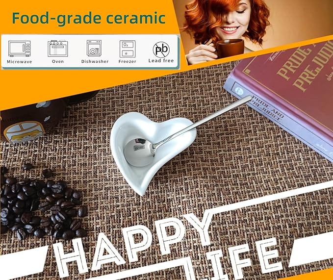 Coffee & Tea Spoon and Rest Set for Coffee Bar Accessories, Heart Cute Mini & Small Coffee Spoon Rest & Holder for Coffee Station & Bar, Teaspoon Rest & Holder (White Rest with Silver Spoon)