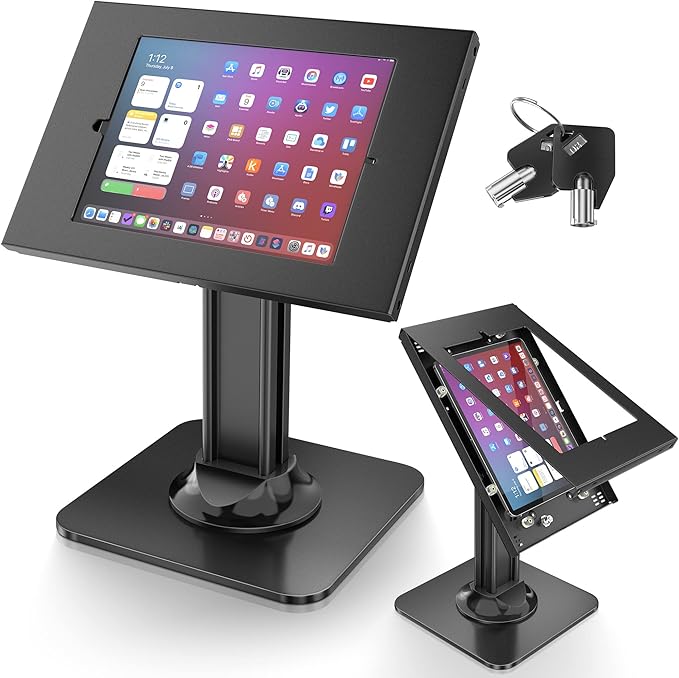 AboveTEK Anti-Theft iPad Kiosk Stand – POS iPad Security Stand & Locking Tablet Holder – Heavy Duty Base, 360° Swivel, 75° Tilt Bracket – Perfect for Retail Business (Black)