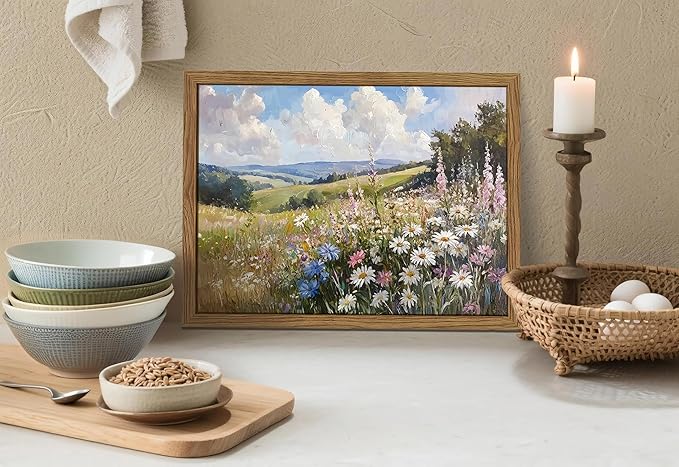 Framed Vintage Wildflower Canvas Wall Art, Nature Botanical Floral Wall Decor Pictures, Rustic Farmhouse Daisy Landscape Paintings Prints for Living Room Bedroom Bathroom Office 16x24 inch