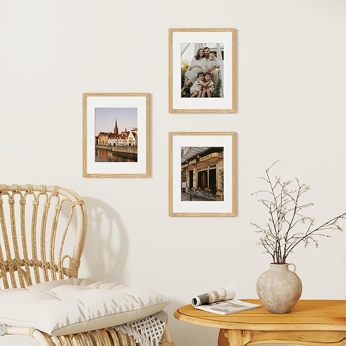 Dreamland 11x14 Picture Frame, Solid Oak Wood Photo Frame with Mat for 8x10, 11 x 14 Matted Picture Frames with Resistant Plexiglass for Wall Art Photo and Prints, Oak Color, Set of 3