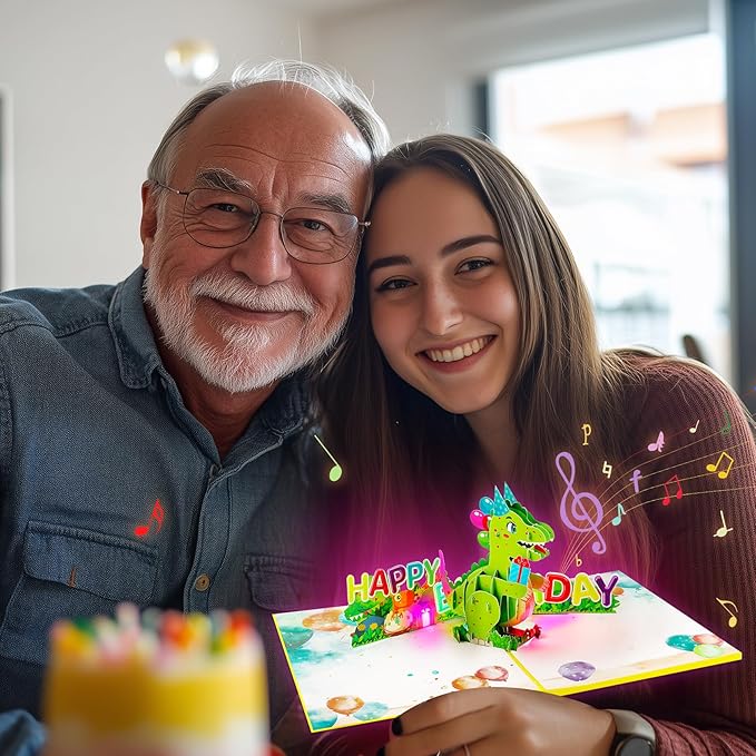 GREETING ART Dinosaur Musical Birthday Cards for Kids, Light & Music Pop Up Birthday Cards with Envelope, Dinosaur Theme Birthday Party Gifts for Son Grandson Women Men