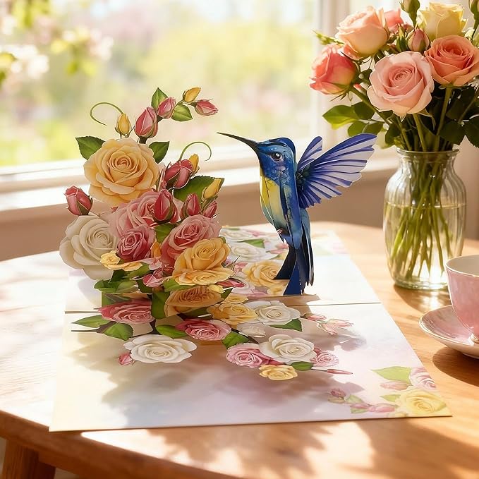 Greeting Card Blue Hummingbird with Roses 3D Pop-Up Cards Handmade Birthday Flower Gift for Women, Mom, Wife, Men 6x8 Inches Aniversary Wedding Christmas Gifts Floral