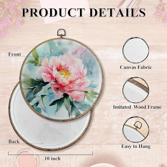 FUGWN Vintage Pink Watercolor Peony Round Wall Art Decor Framed, Floral Canvas Artwork Prints, Watercolor Flower Botanical Wall Hanging Decorations for Home Bedroom Living Room, 10x10 Inch