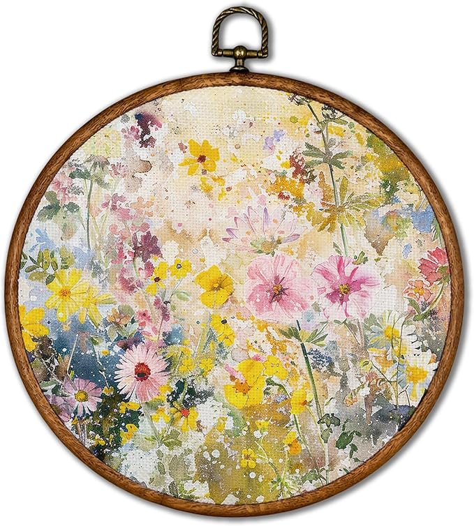 KSDUT Spring Floral Botanical Wall Decor Art - Pink Flower Wall Art Canvas Frame Hanging Prints, Preppy Trendy Wildflower Round Wall Art Decor for Farmhouse Gallery Home Decorations 10"x10"