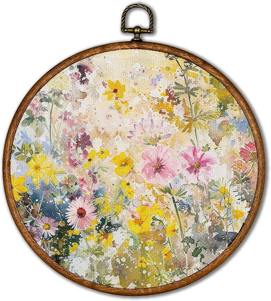 KSDUT Spring Floral Botanical Wall Decor Art - Pink Flower Wall Art Canvas Frame Hanging Prints, Preppy Trendy Wildflower Round Wall Art Decor for Farmhouse Gallery Home Decorations 10"x10"