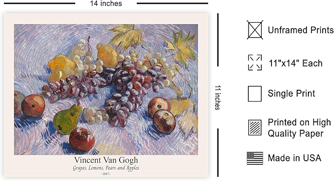 Monem Art Vintage Van Gogh Poster - Retro Grapes Lemons Pears and Apples Print - Impressionism Art - Fruit Art - Fine Art - Classic Painting Art - Great Kitchen Decor - 11x14 UNFRAMED Wall Art