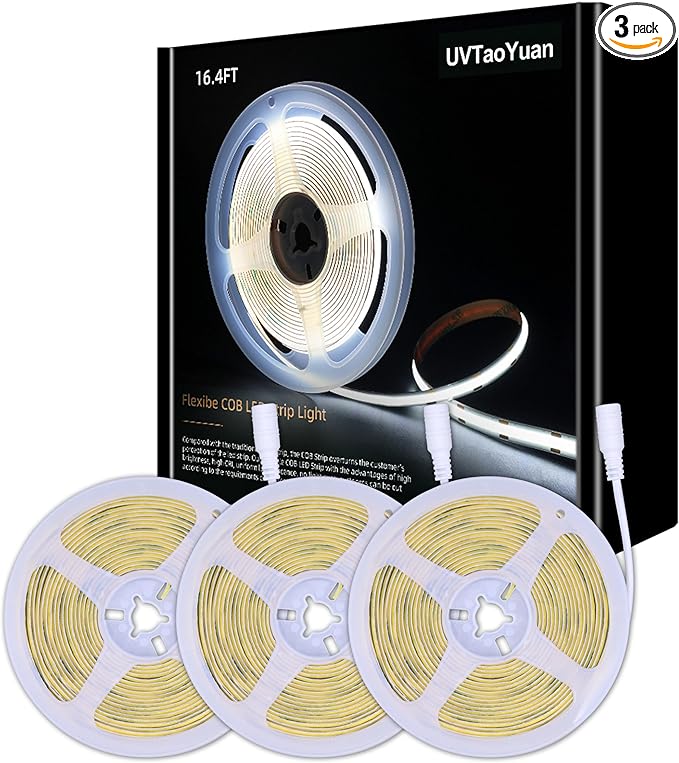 LED Strip Lights 24V Daylight White LED COB 6000K Super Bright LED16.4ft Dotless High Density Cuttable Flexible for Home DIY Commercial Lighting Projects 3 Pack (Power Supply & Dimmer Not Included)