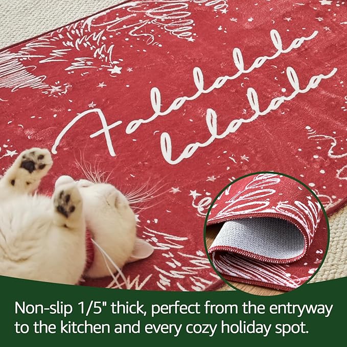 JINCHAN Deck the Halls Christmas Rug 2x3 for Entryway Washable Christmas Tree Kitchen Rug Red Xmas Doormat Non-Slip Soft Small Carpet Winter Festive Holiday Decor for Front Door Bathroom Porch Bedside