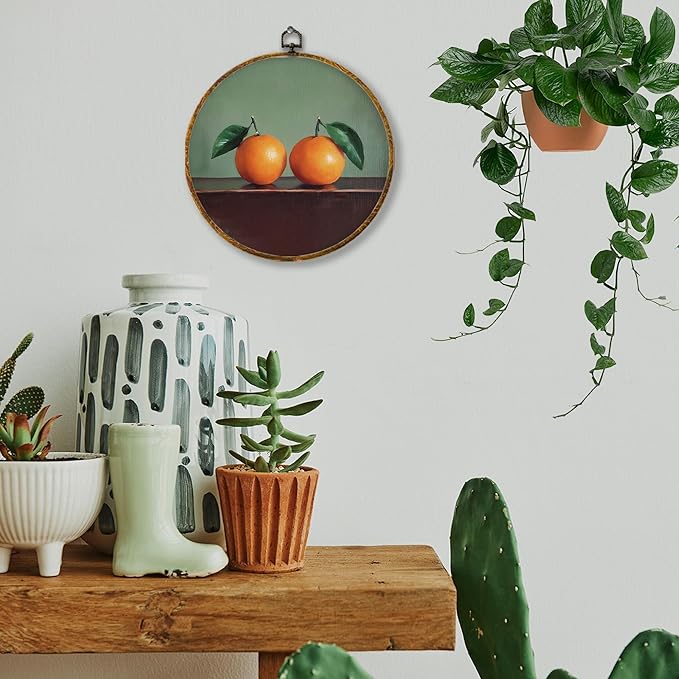Hiuwevt Vintage Two Oranges Round Wall Art Decor, Retro Citrus Fruits Painting Hanging Canvas Prints Artwork Framed, Mild Green Still Life Circular Wall Decor for Home Living Room, 10x10 Inch