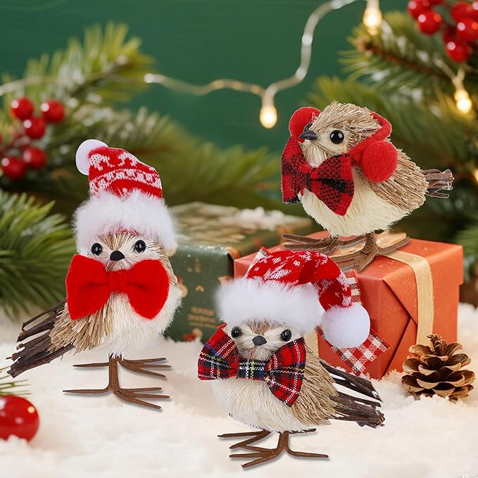 Set of 3 Christmas Birds Table Top Decorations, Christmas Twig Bird Figurines with Plush Hat, Red Bird Xmas Ornaments Tabletop Decor for Mante Kitchen Fireplace Home Holiday