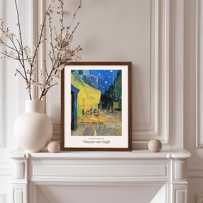Monem Art Vintage Van Gogh Poster - Retro Impressionist Print - Cafe Terrace at Night, Arles, Stars, Aesthetic - Gift for Artist, Friend - Wall Decor for Home, Office, 8x10 Brown Framed