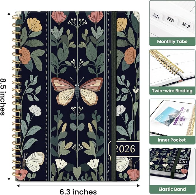 2026 Planner, Monthly and Weekly Calendar Planner for Women, Jan 2026 - Dec 2026, Hardcover Pretty 2026 Agenda Planner Book with Tabs, Spiral Bound, Perfect for School Office Home Supplies, 6.3" x 8.5" - Butterfly Tapestry