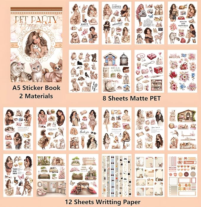 YagCu Scrapbook Sticker Book, Pets Dogs Cats Journaling Stickers, Animal Junk Journal Supplies, Pre-Cut Aesthetic Scrapbooking Stickers for Adults, Decorative Ephemera Bullet Planner DIY Arts Craft