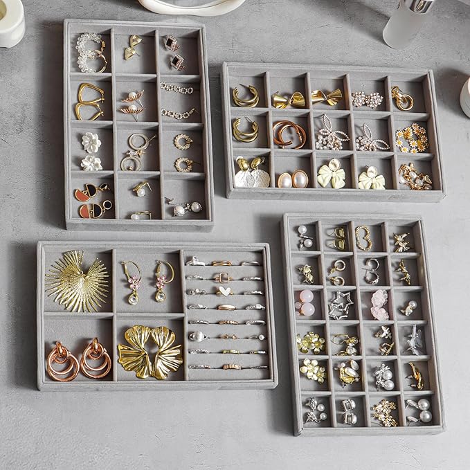 Jewelry Drawer Organizer, 4 Set of Stackable Jewelry Trays for Drawer Inserts Velvet Organizers and Display Storage for Earring Necklace Rings Bracelets (Gray)