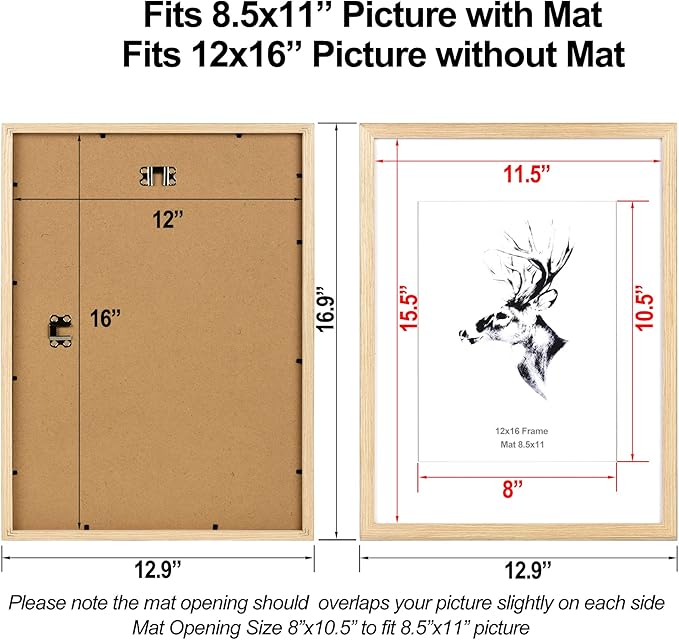 Yaetm 12x16 Picture Frame with Mat for 8.5x11 Set of 4, Natural Solid Oak Wood 12x16 Frame for Gallery Wall and Poster, Wall Mounted (4 pack, Oak)