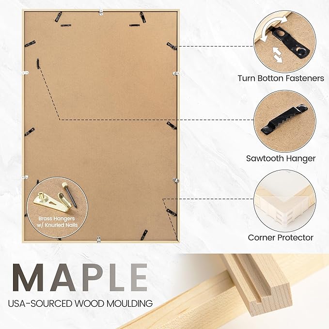 20x30 Poster Frame, USA-Sourced Natural Maple Wood Picture Collage Frame with HD Tempered Glass, Modern Simple 20 x 30 Wooden Photo Frame Matted to 16x24, Vertical & Horizontal Wall Hanging Display
