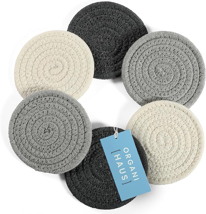 OrganiHaus Drink Coasters Set of 6, Absorbent Cotton Woven Cup Coasters, Rustic Farmhouse Boho Decor for Coffee Table and Drinks Protection, Cute Coaster for Drinks, Coaster for Office Desk - Gray